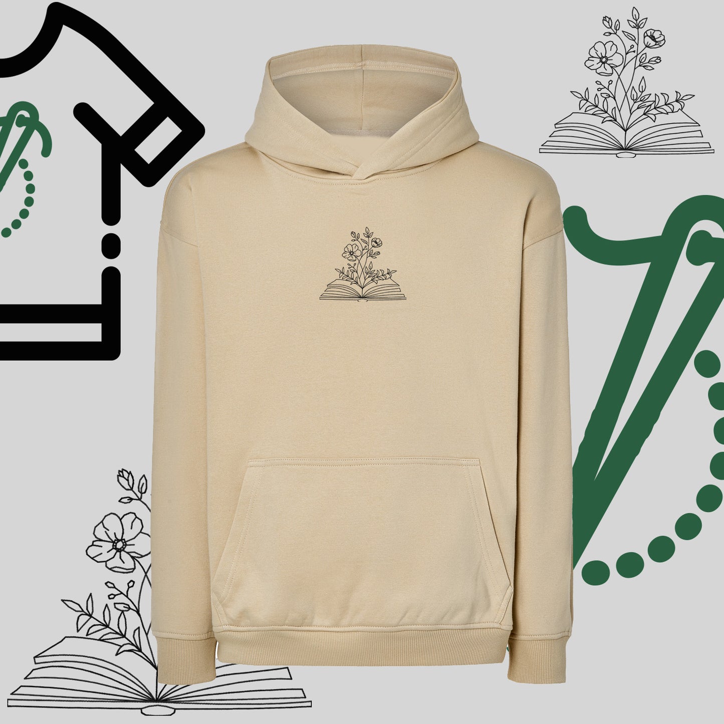 Bluza oversize z kapturem "Książka z kwiatami" – haft komputerowy, styl dla miłośników literatury i natury