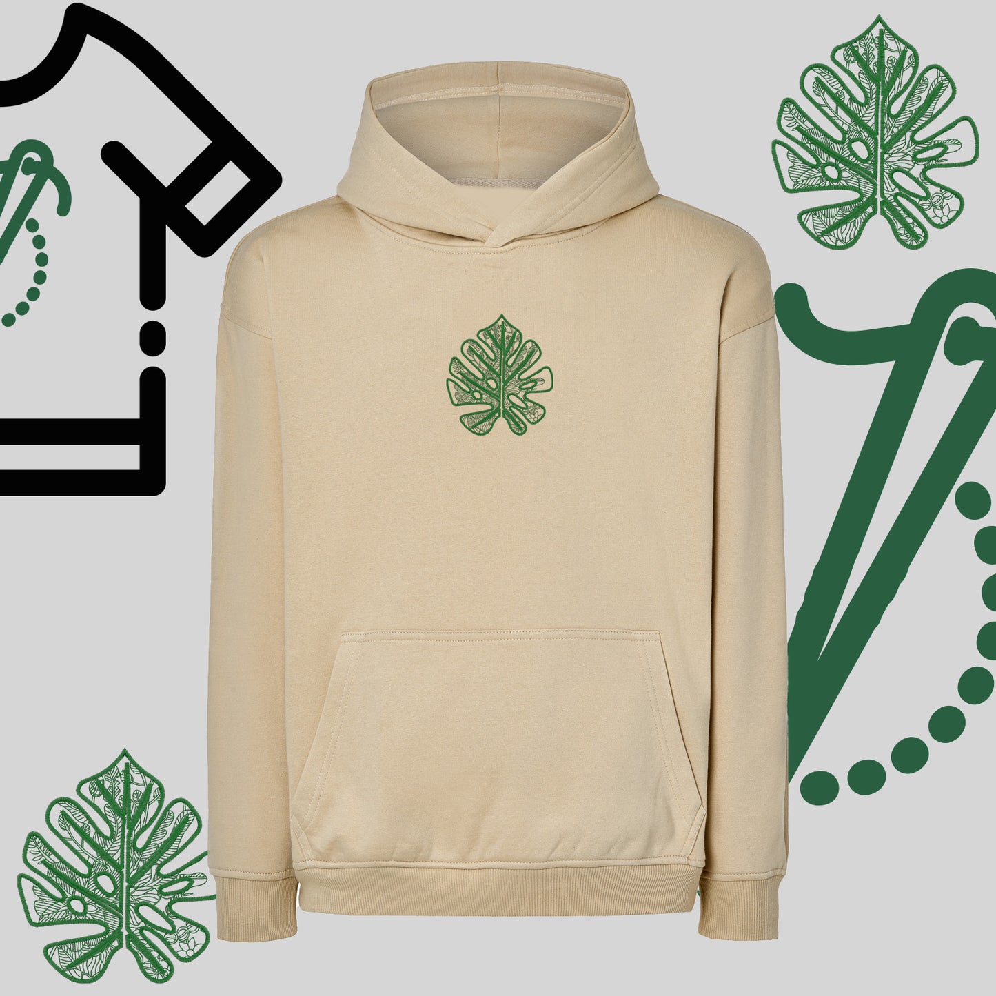 Bluza oversize z kapturem "Liść Monstery" – haft komputerowy, styl urban jungle