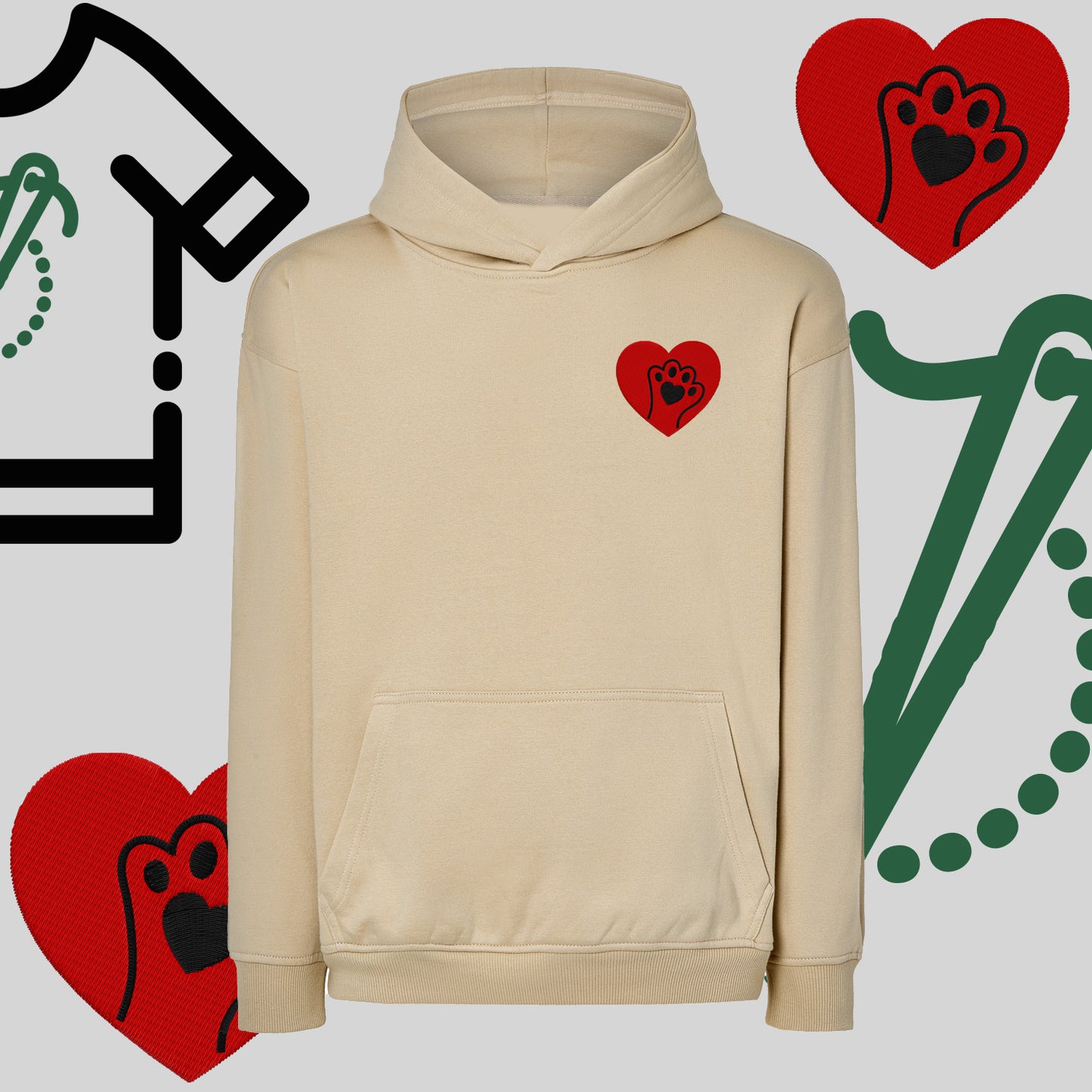 Bluza oversize z kapturem "Serce z łapką" – haft komputerowy, styl dla miłośników zwierząt