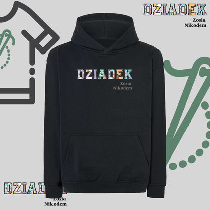 Bluza oversize z kapturem "DZIADEK" Patchwork + Imiona wnucząt, idealny prezent na dzień Dziadka