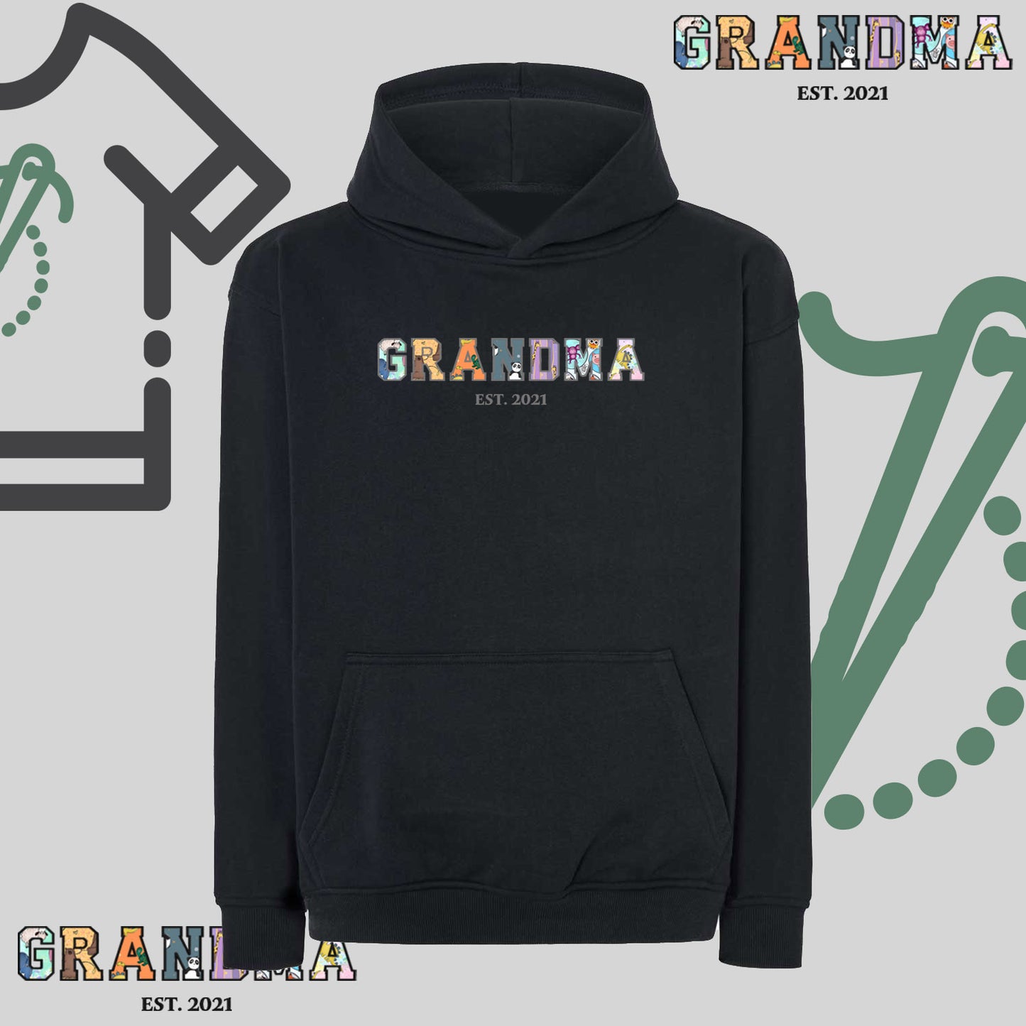 Bluza oversize z kapturem "GRANDMA" Patchwork + EST, idealny prezent na dzień Babci