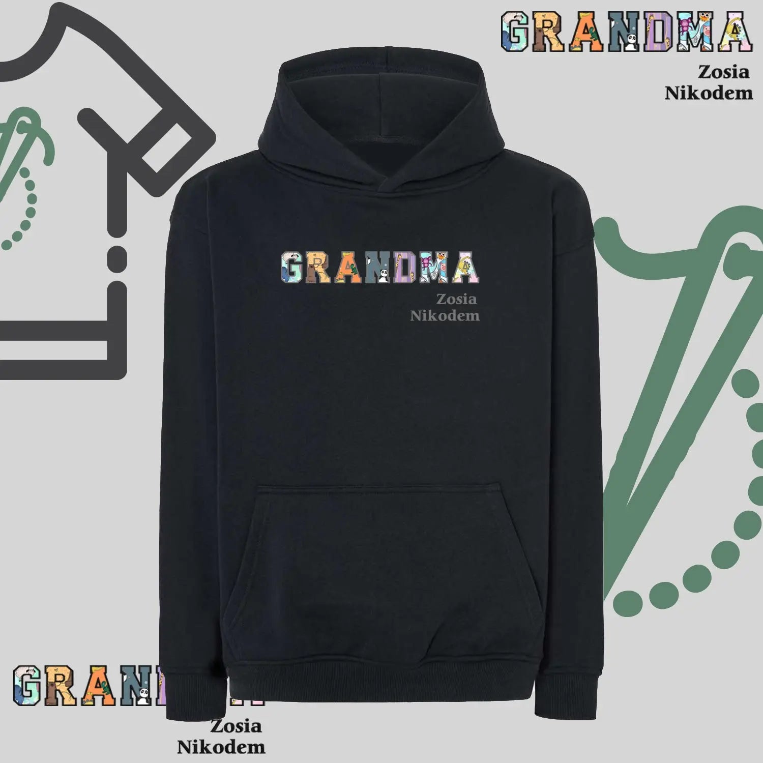 Bluza oversize z kapturem "GRANDMA" Patchwork + imiona wnucząt, idealny prezent na dzień Babci Haft z radości