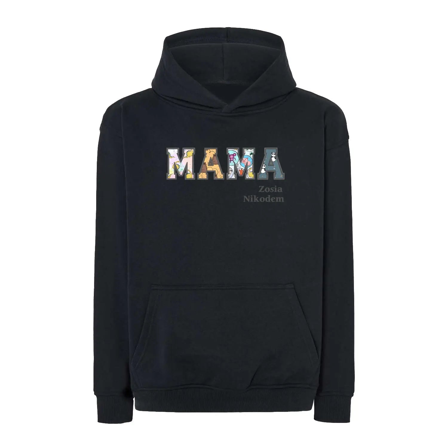 Bluza oversize z kapturem "MAMA" Patchwork + imiona dzieci, idealny prezent na dzień Mamy Haft z radości