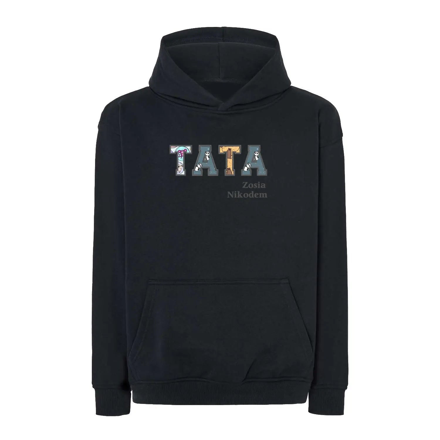 Bluza oversize z kapturem "TATA" Patchwork +imiona dzieci, idealny prezent na dzień Taty Haft z radości
