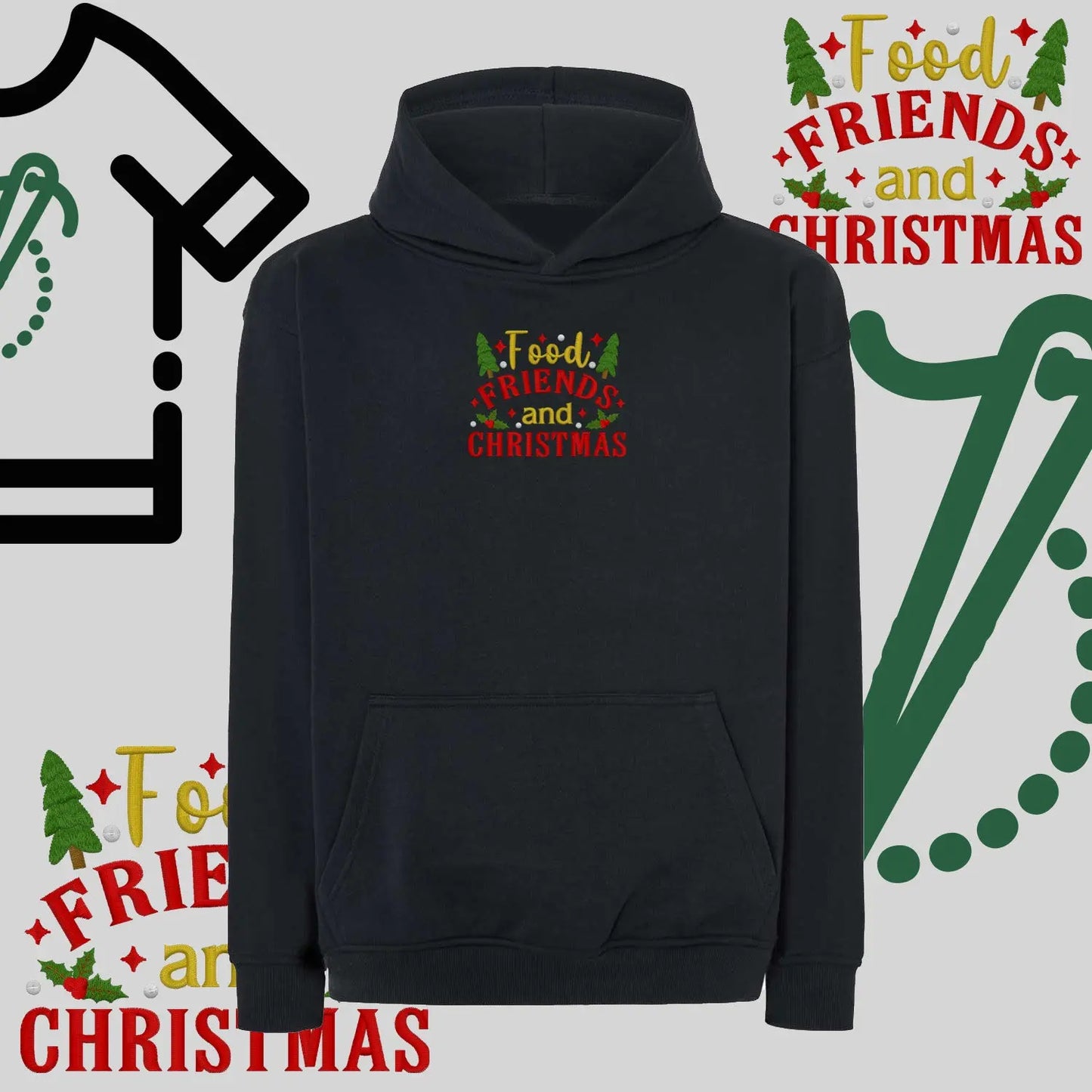 Bluza oversize z kapturem  "Food, Friends and Christmas" – haft komputerowy, styl z pozytywnym przekazem Haft z radości