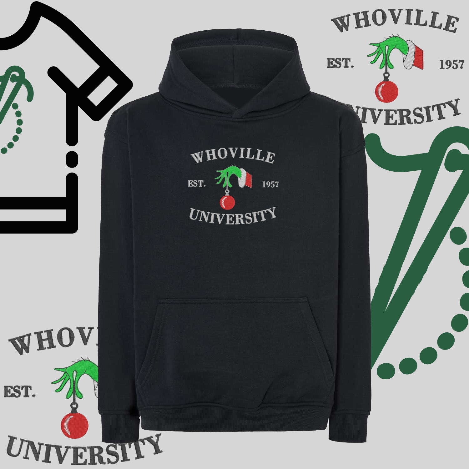 Bluza oversize z kapturem  "Grinch University" – haft komputerowy, styl z pozytywnym przekazem