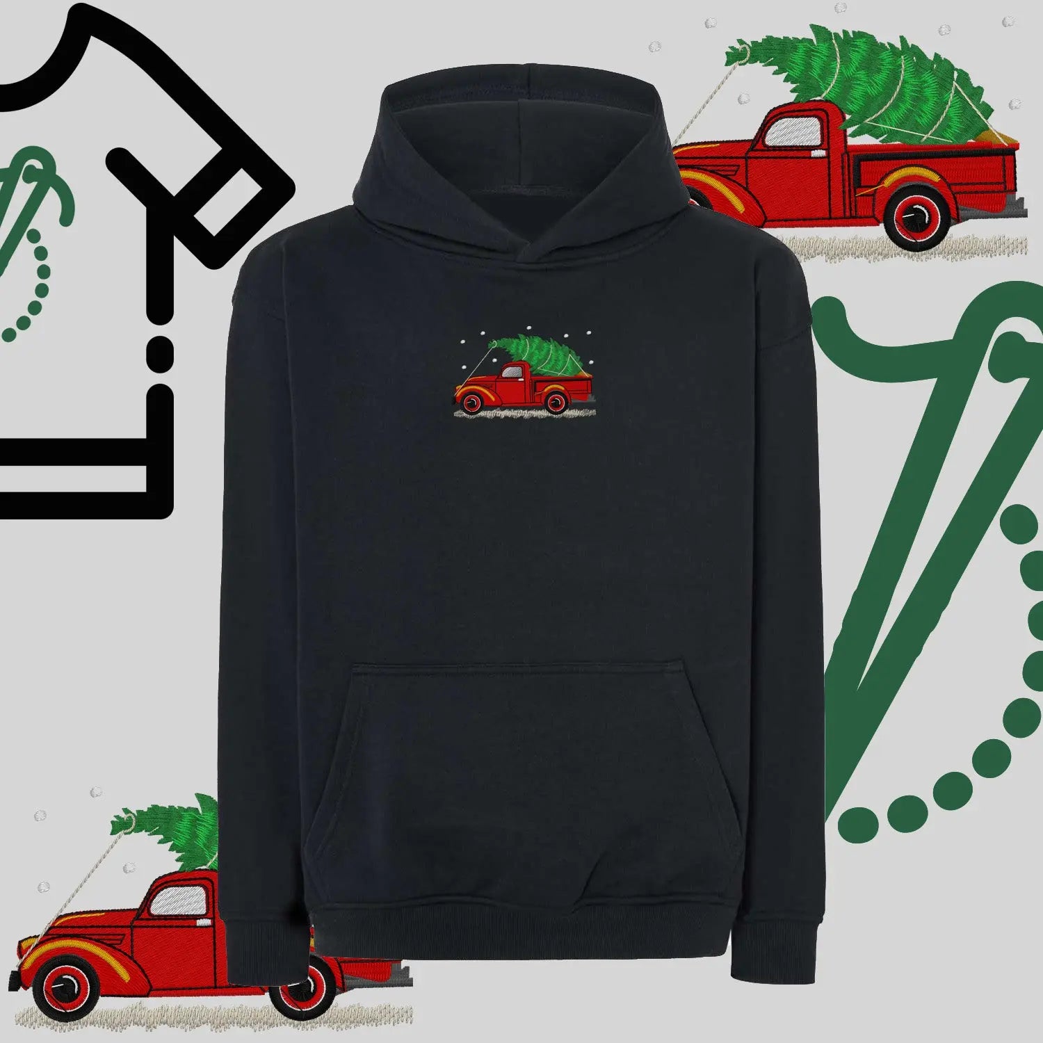 Bluza oversize z kapturem  "Pickup z choinką" – haft komputerowy, styl z pozytywnym przekazem Haft z radości