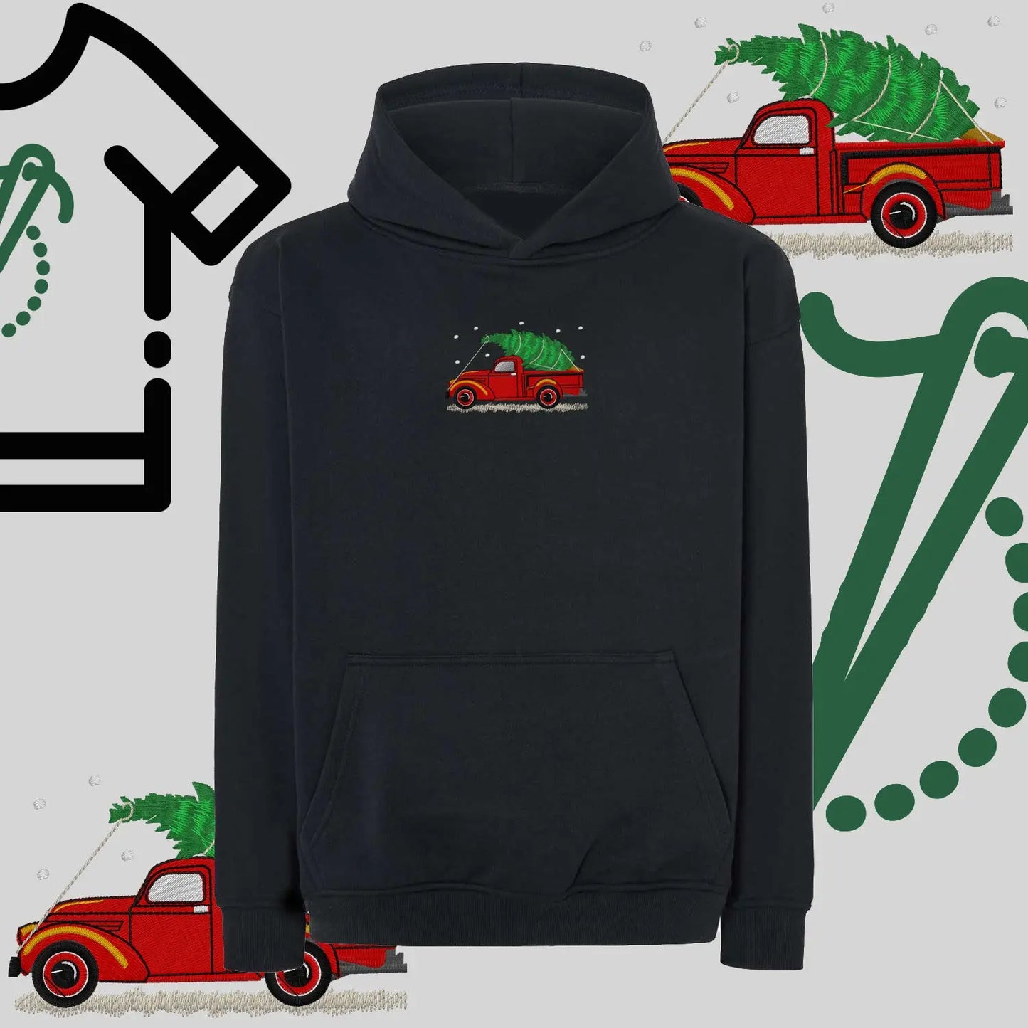 Bluza oversize z kapturem  "Pickup z choinką" – haft komputerowy, styl z pozytywnym przekazem Haft z radości