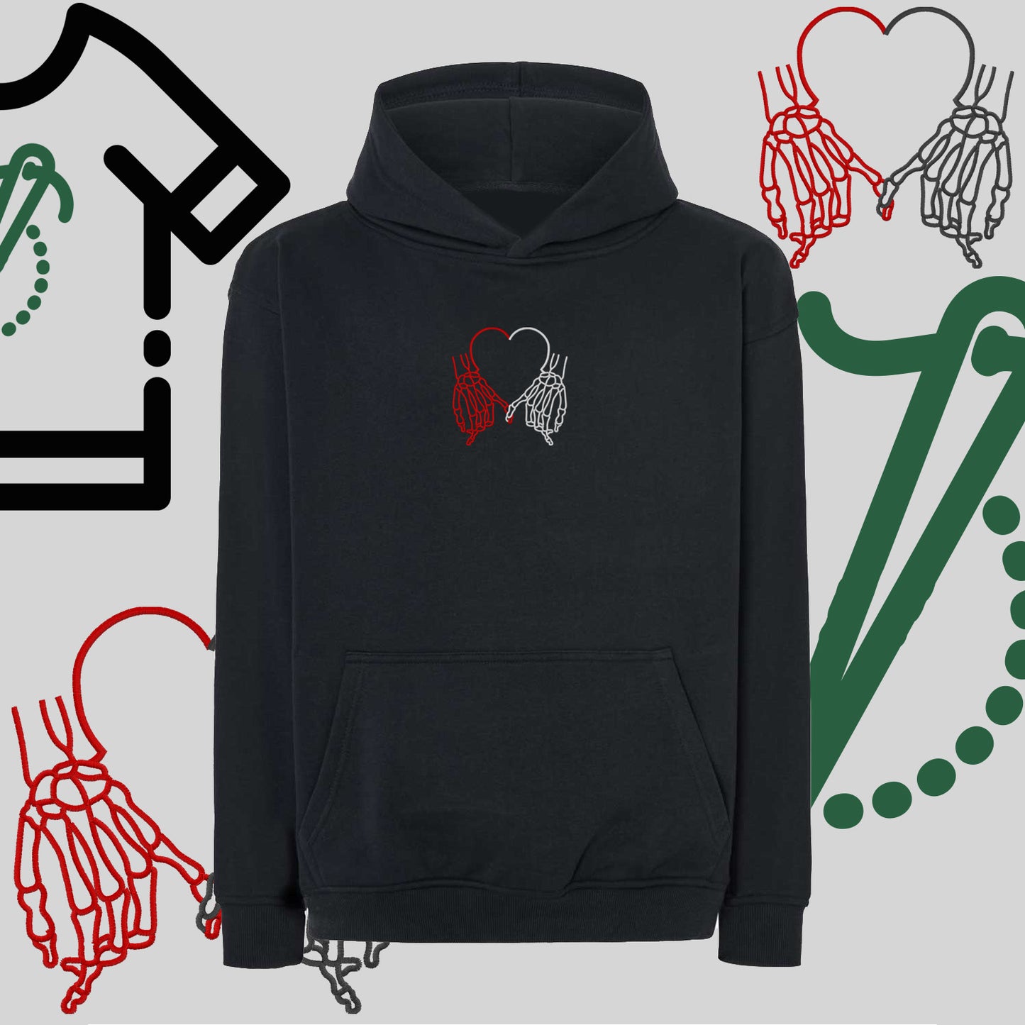Bluza oversize z kapturem "Dłonie Szkieletów Tworzące Serce" – haft komputerowy, gotycki styl na co dzień