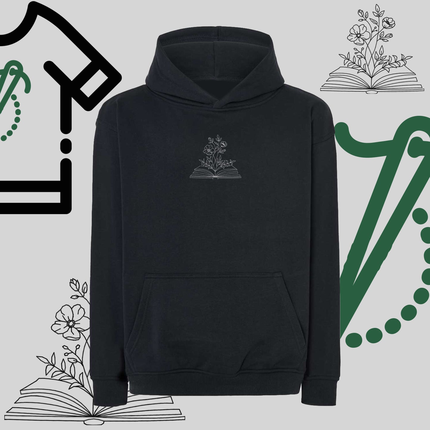 Bluza oversize z kapturem "Książka z kwiatami" – haft komputerowy, styl dla miłośników literatury i natury