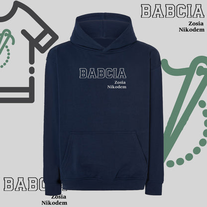 Bluza oversize z kapturem "BABCIA" kontur + imiona wnucząt idealny prezent na dzień Babci