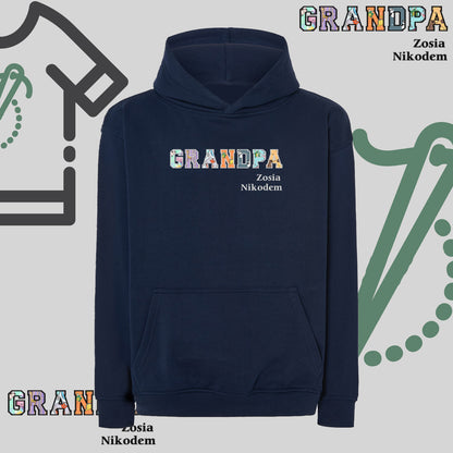 Bluza oversize z kapturem "GRANDPA" Patchwork + Imiona wnucząt, idealny prezent na dzień Dziadka