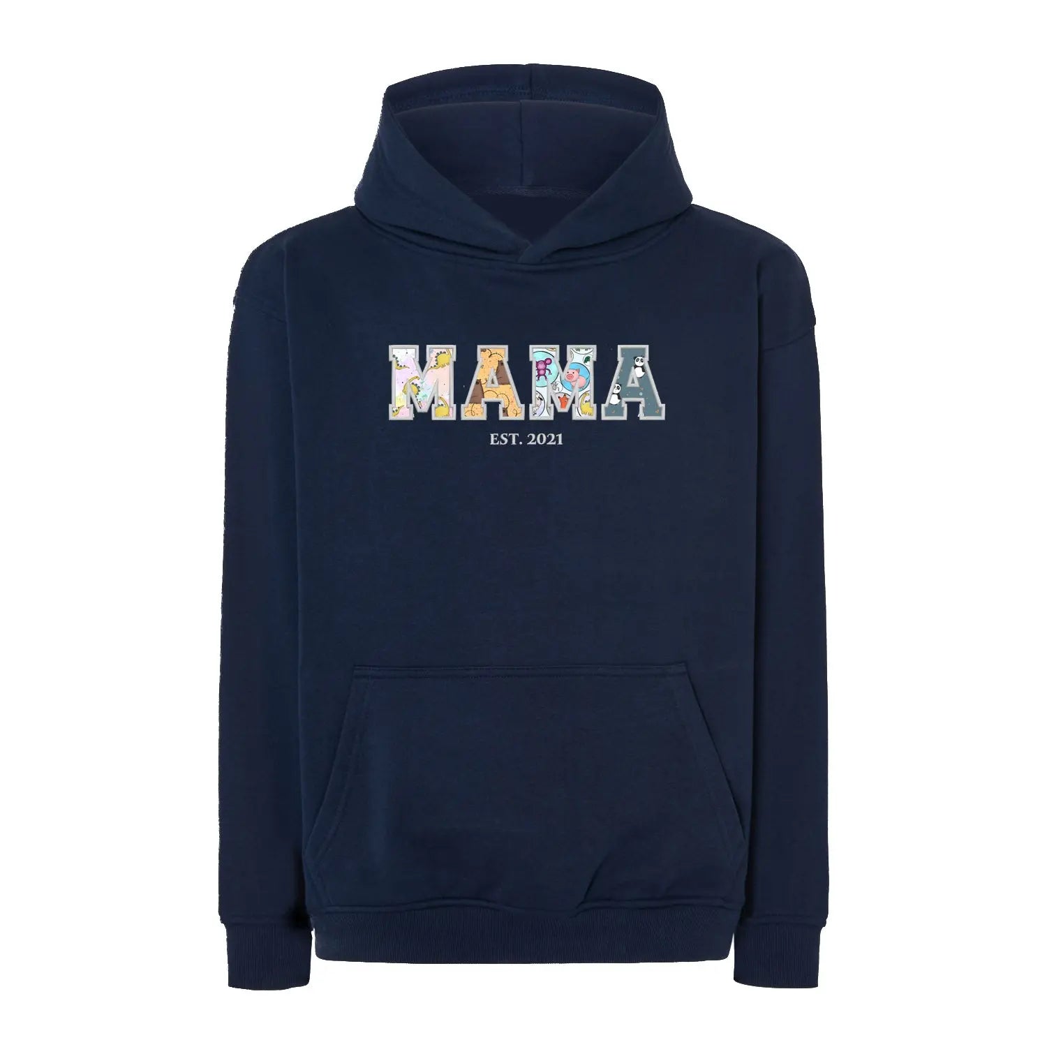 Bluza oversize z kapturem "MAMA" Patchwork +EST, idealny prezent na dzień Mamy Haft z radości