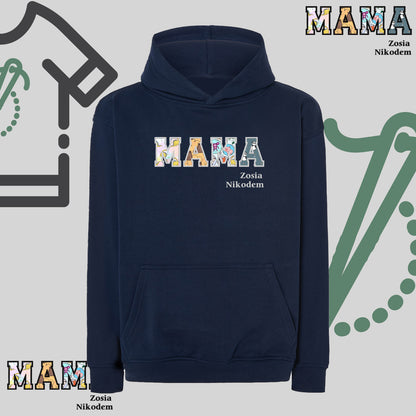 Bluza oversize z kapturem "MAMA" Patchwork + imiona dzieci, idealny prezent na dzień Babci