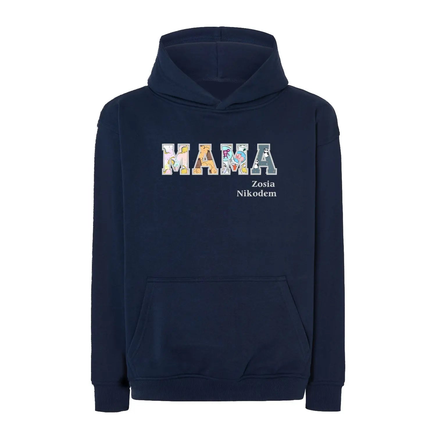 Bluza oversize z kapturem "MAMA" Patchwork + imiona dzieci, idealny prezent na dzień Mamy Haft z radości
