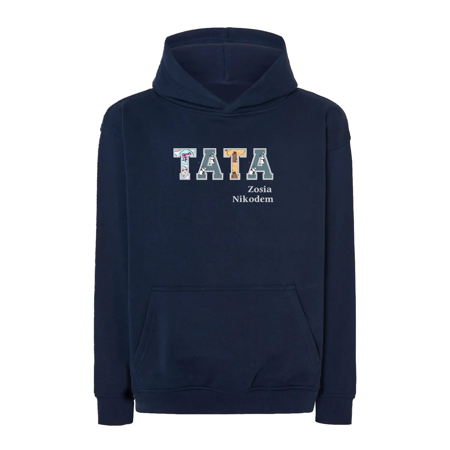 Bluza oversize z kapturem "TATA" Patchwork +imiona dzieci, idealny prezent na dzień Taty Haft z radości