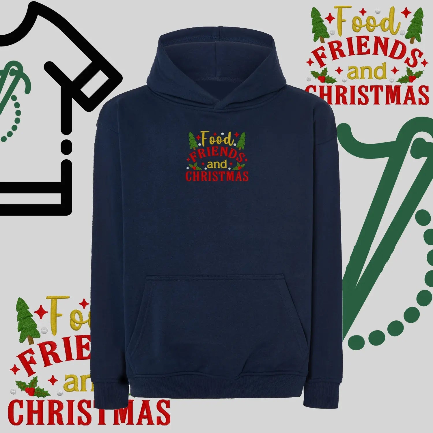 Bluza oversize z kapturem  "Food, Friends and Christmas" – haft komputerowy, styl z pozytywnym przekazem Haft z radości