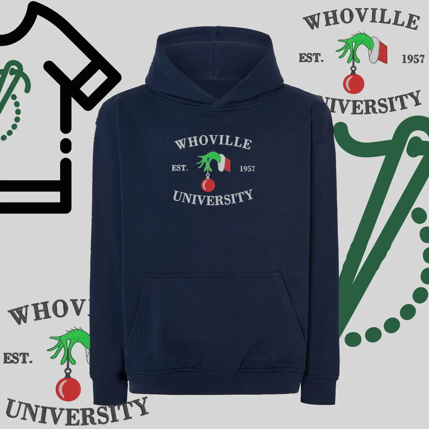 Bluza oversize z kapturem  "Grinch University" – haft komputerowy, styl z pozytywnym przekazem Haft z radości