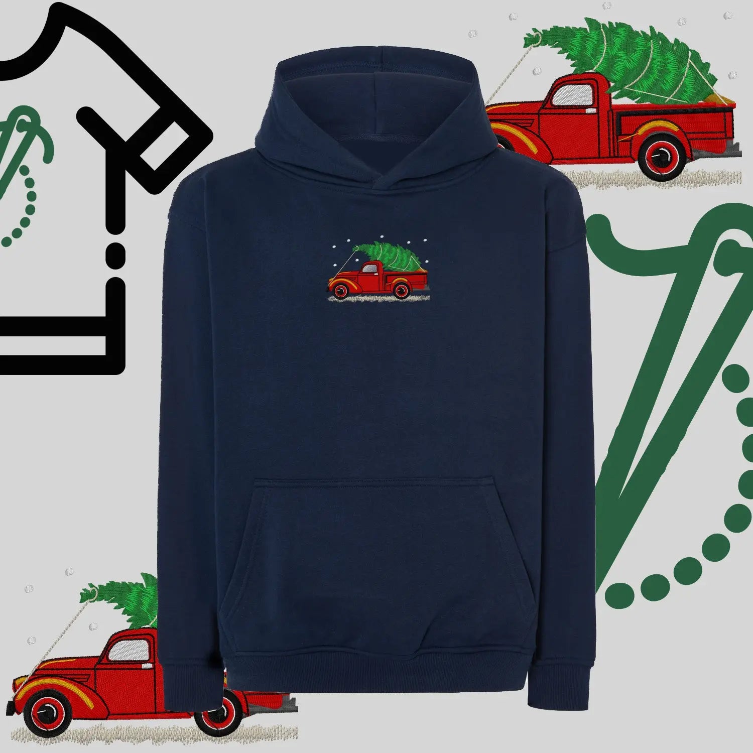 Bluza oversize z kapturem  "Pickup z choinką" – haft komputerowy, styl z pozytywnym przekazem Haft z radości