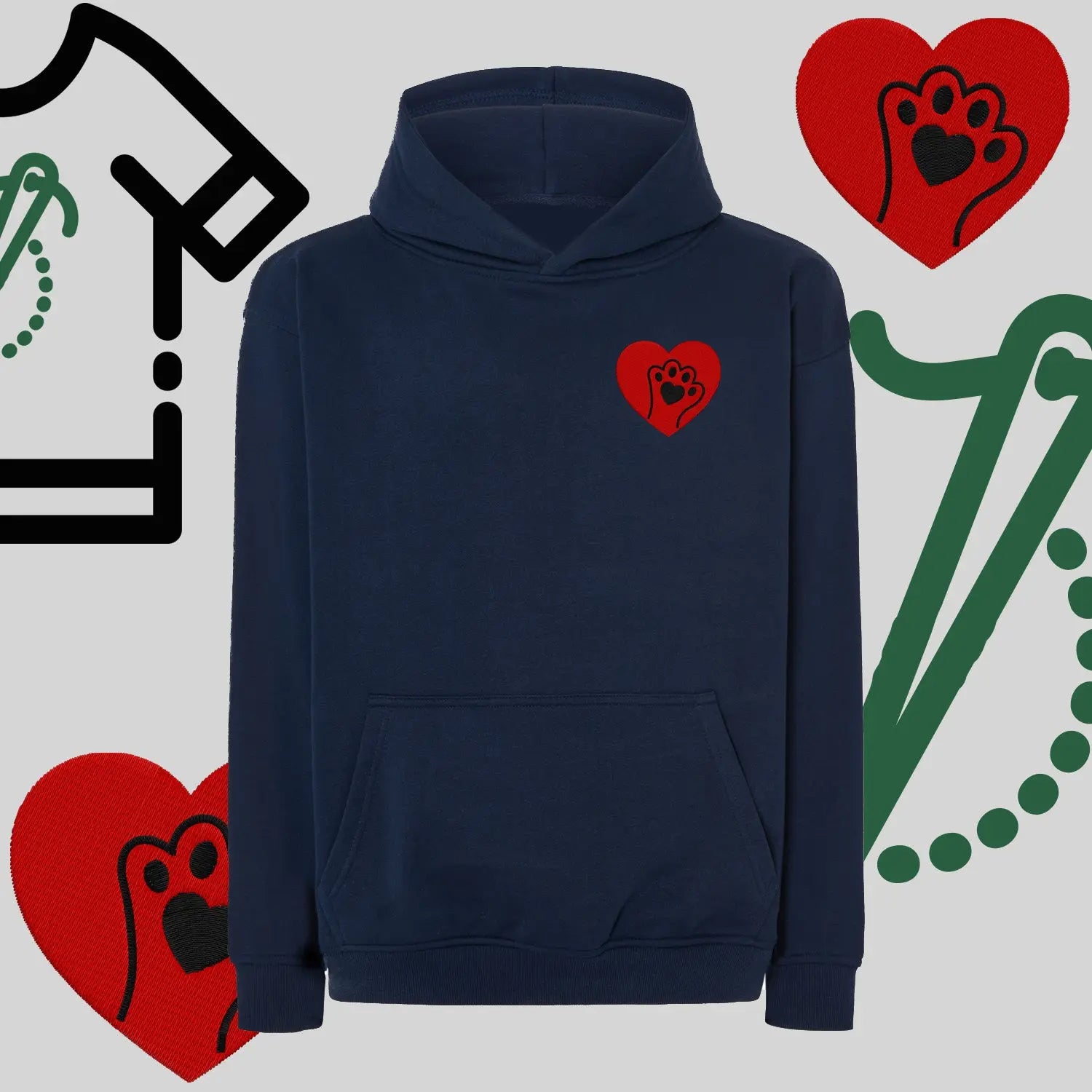Bluza oversize z kapturem "Serce z łapką" – haft komputerowy, styl dla miłośników zwierząt Haft z radości
