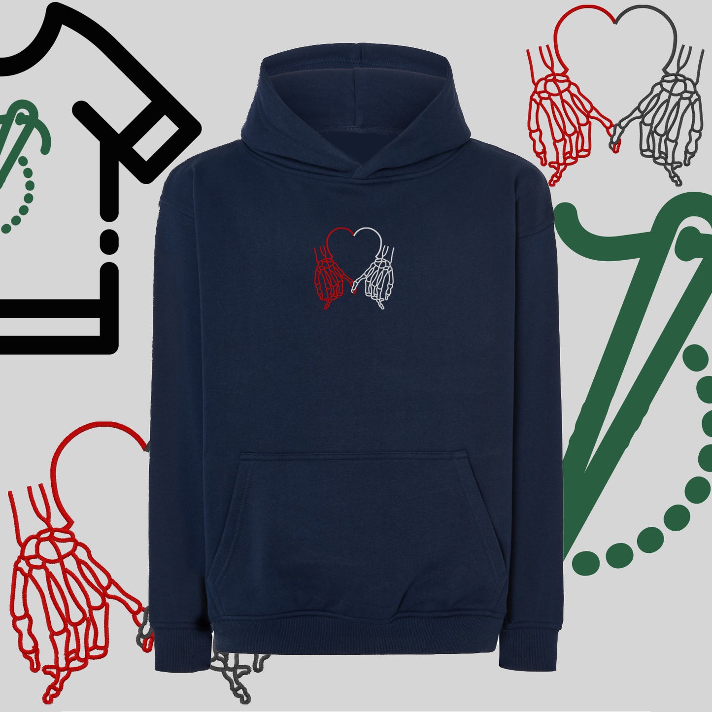 Bluza oversize z kapturem "Dłonie Szkieletów Tworzące Serce" – haft komputerowy, gotycki styl na co dzień