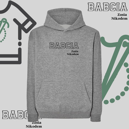 Bluza oversize z kapturem "BABCIA" kontur + imiona wnucząt idealny prezent na dzień Babci