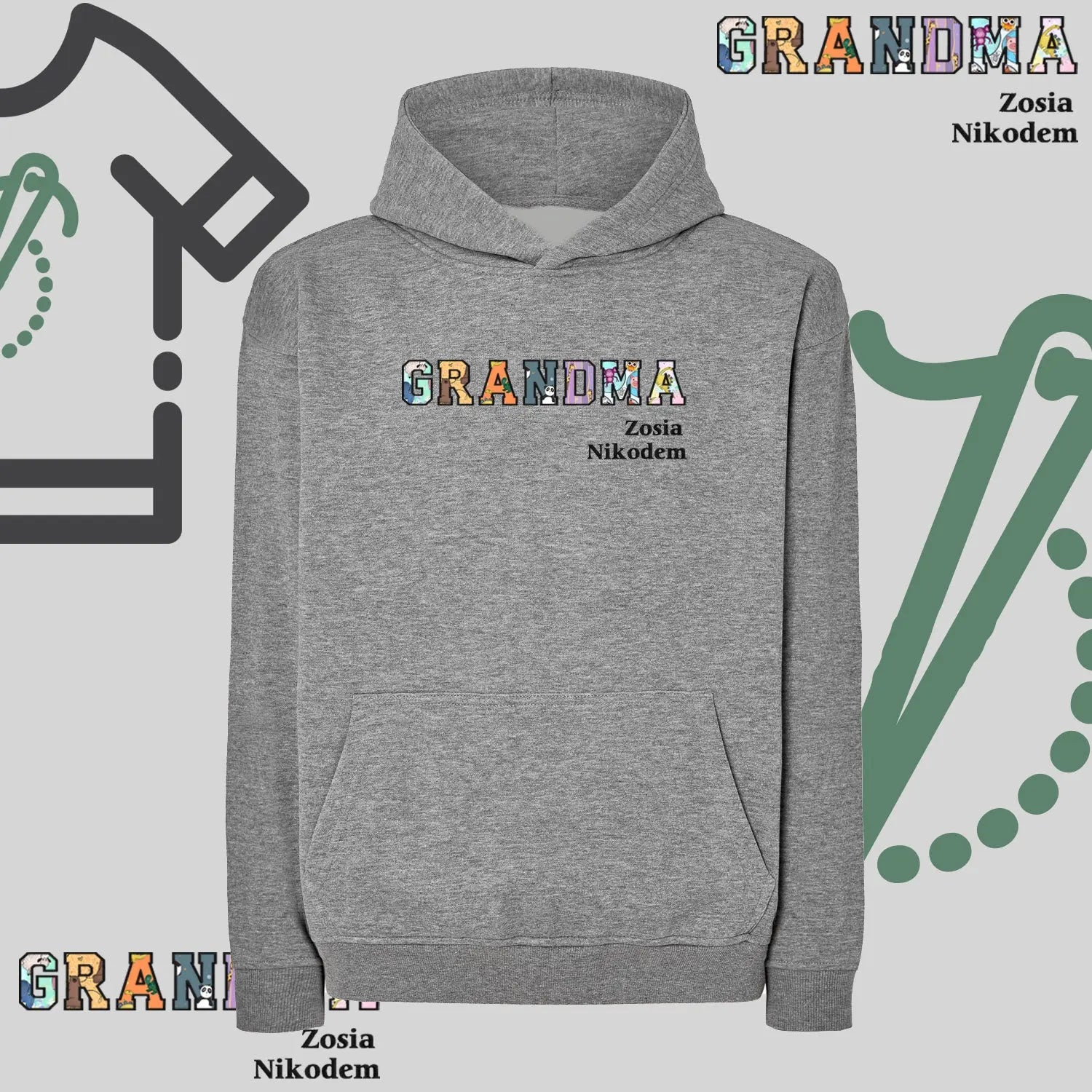 Bluza oversize z kapturem "GRANDMA" Patchwork + imiona wnucząt, idealny prezent na dzień Babci Haft z radości