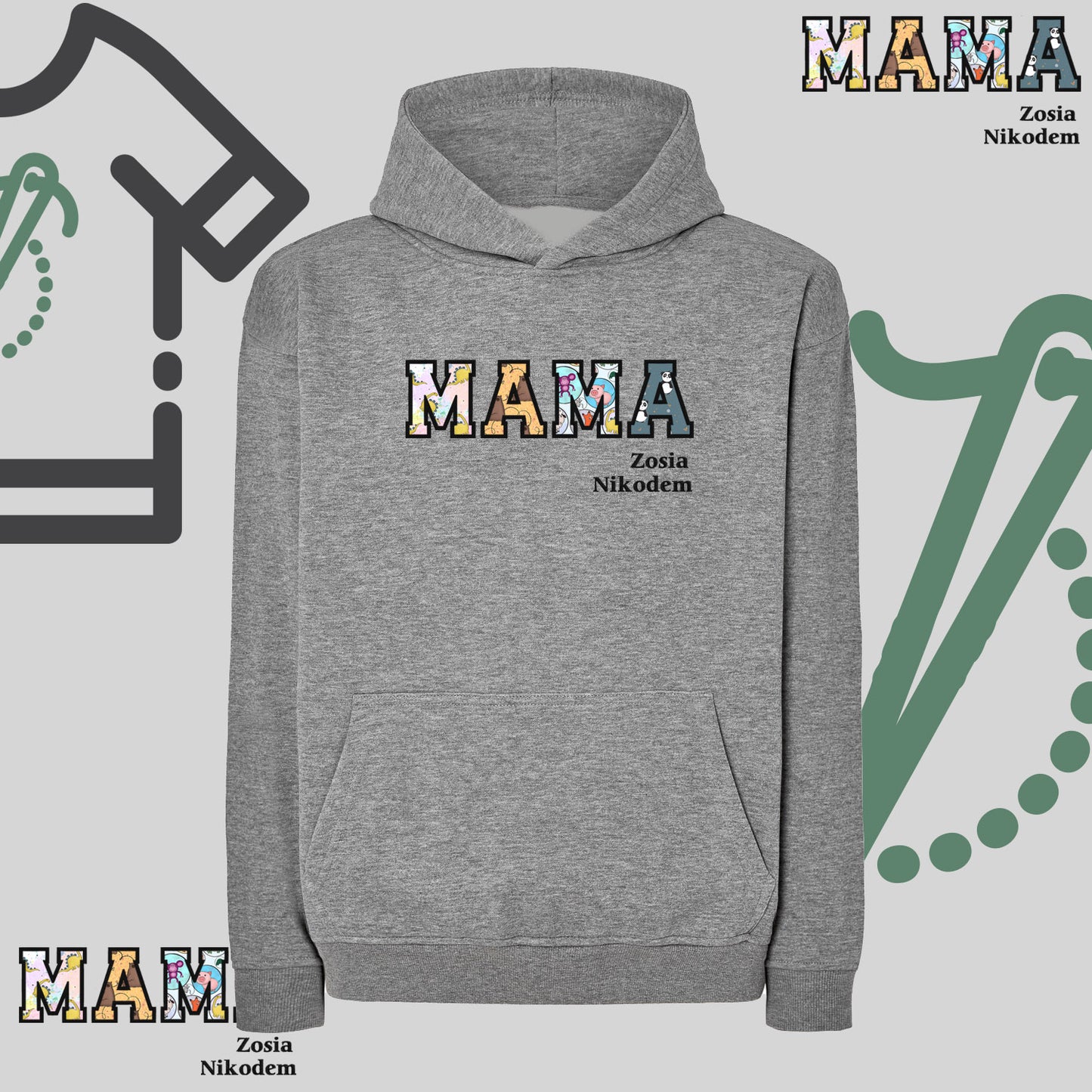 Bluza oversize z kapturem "MAMA" Patchwork + imiona dzieci, idealny prezent na dzień Babci