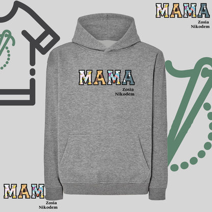 Bluza oversize z kapturem "MAMA" Patchwork + imiona dzieci, idealny prezent na dzień Babci