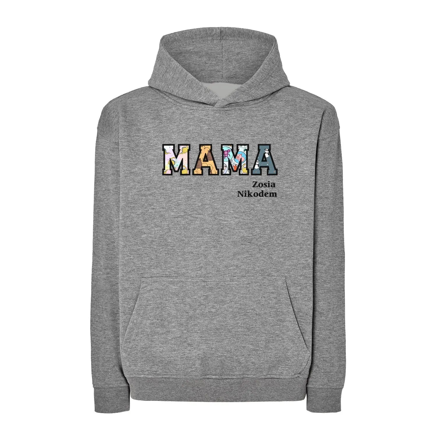 Bluza oversize z kapturem "MAMA" Patchwork + imiona dzieci, idealny prezent na dzień Mamy Haft z radości