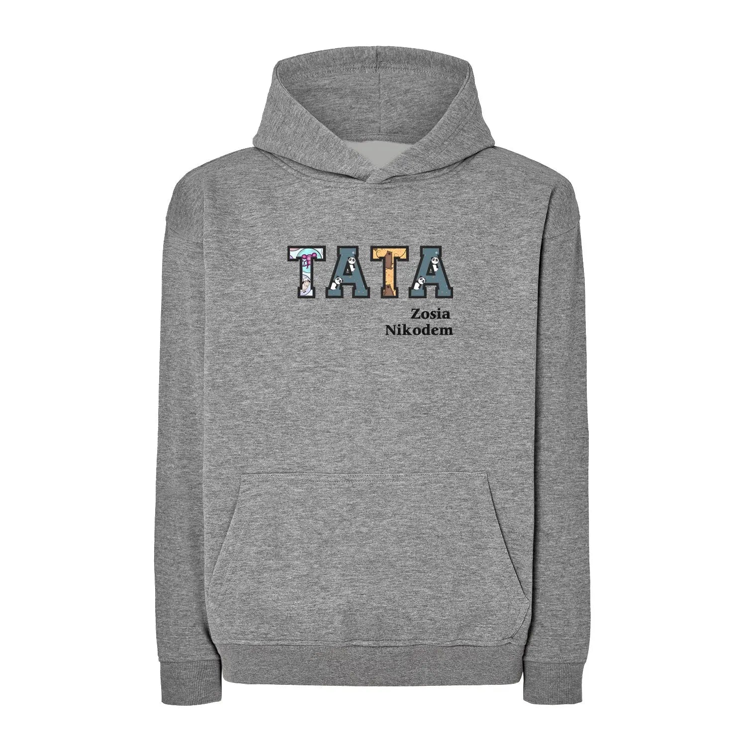 Bluza oversize z kapturem "TATA" Patchwork +imiona dzieci, idealny prezent na dzień Taty Haft z radości