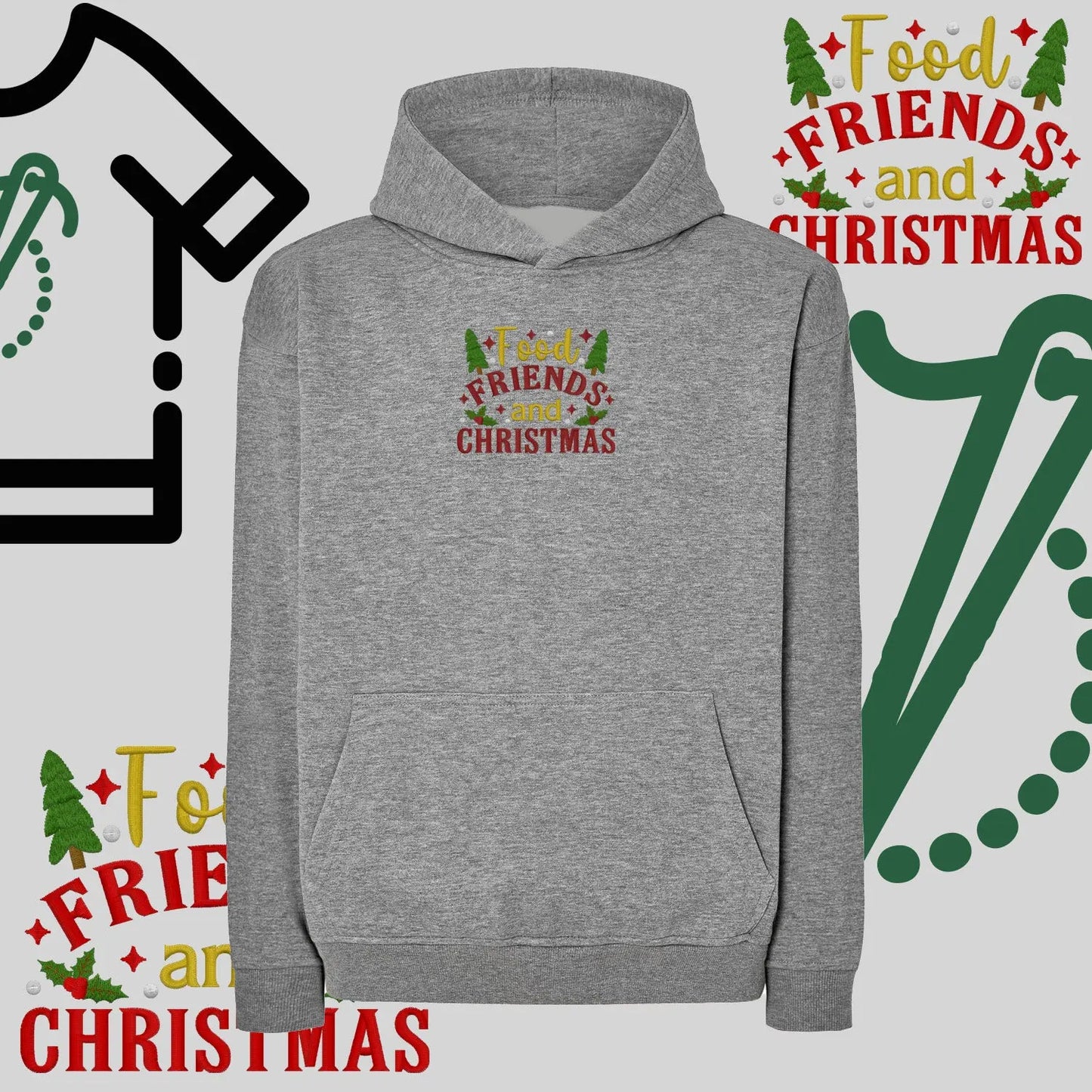 Bluza oversize z kapturem  "Food, Friends and Christmas" – haft komputerowy, styl z pozytywnym przekazem Haft z radości