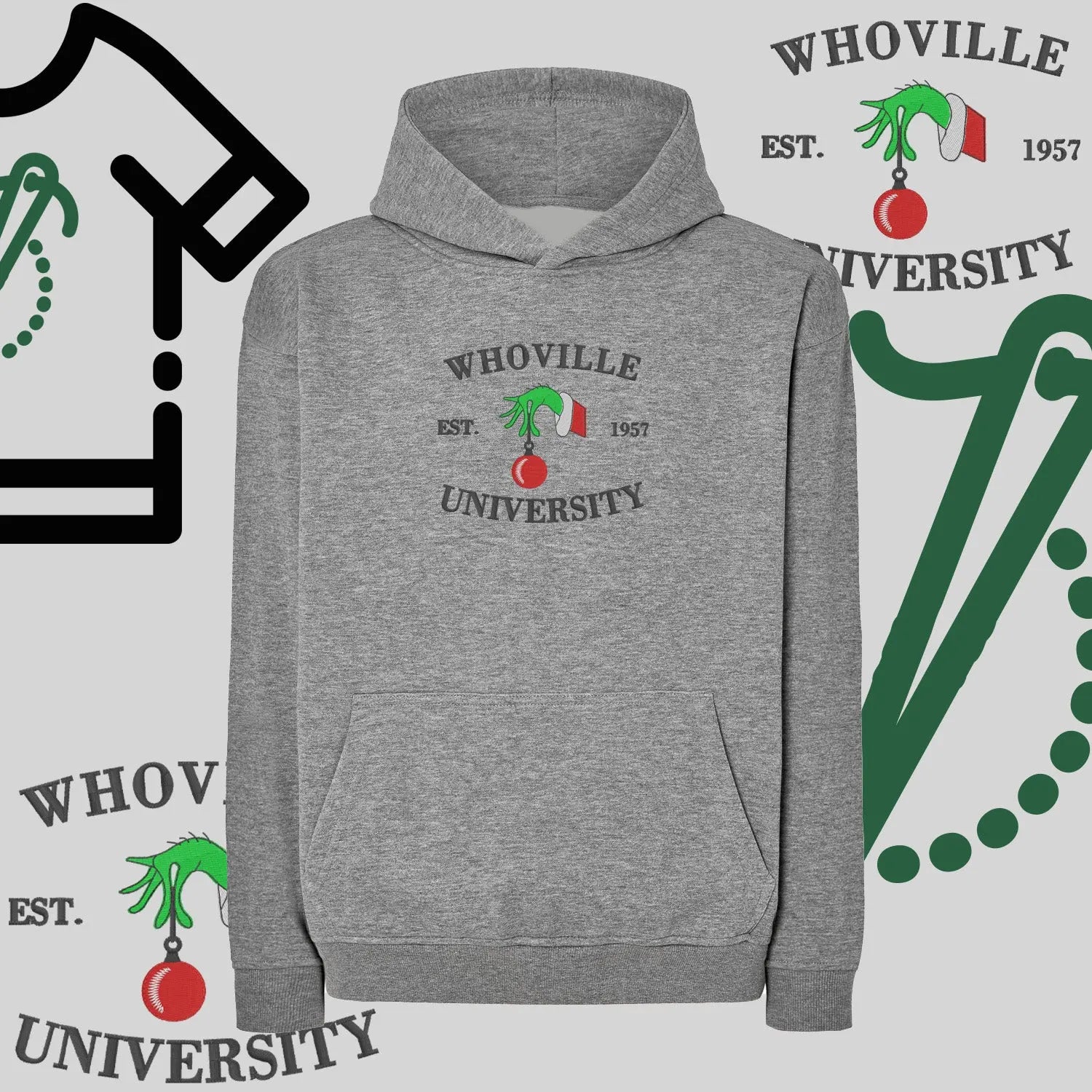 Bluza oversize z kapturem  "Grinch University" – haft komputerowy, styl z pozytywnym przekazem Haft z radości