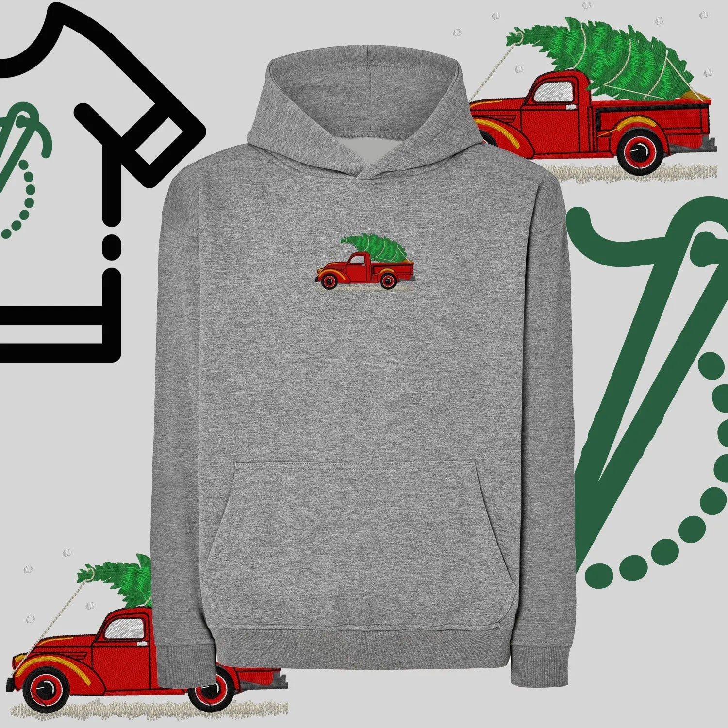 Bluza oversize z kapturem  "Pickup z choinką" – haft komputerowy, styl z pozytywnym przekazem Haft z radości