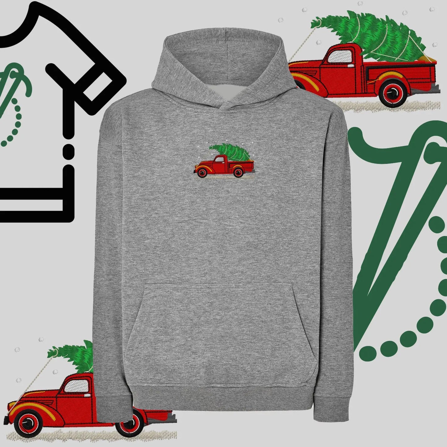 Bluza oversize z kapturem  "Pickup z choinką" – haft komputerowy, styl z pozytywnym przekazem Haft z radości