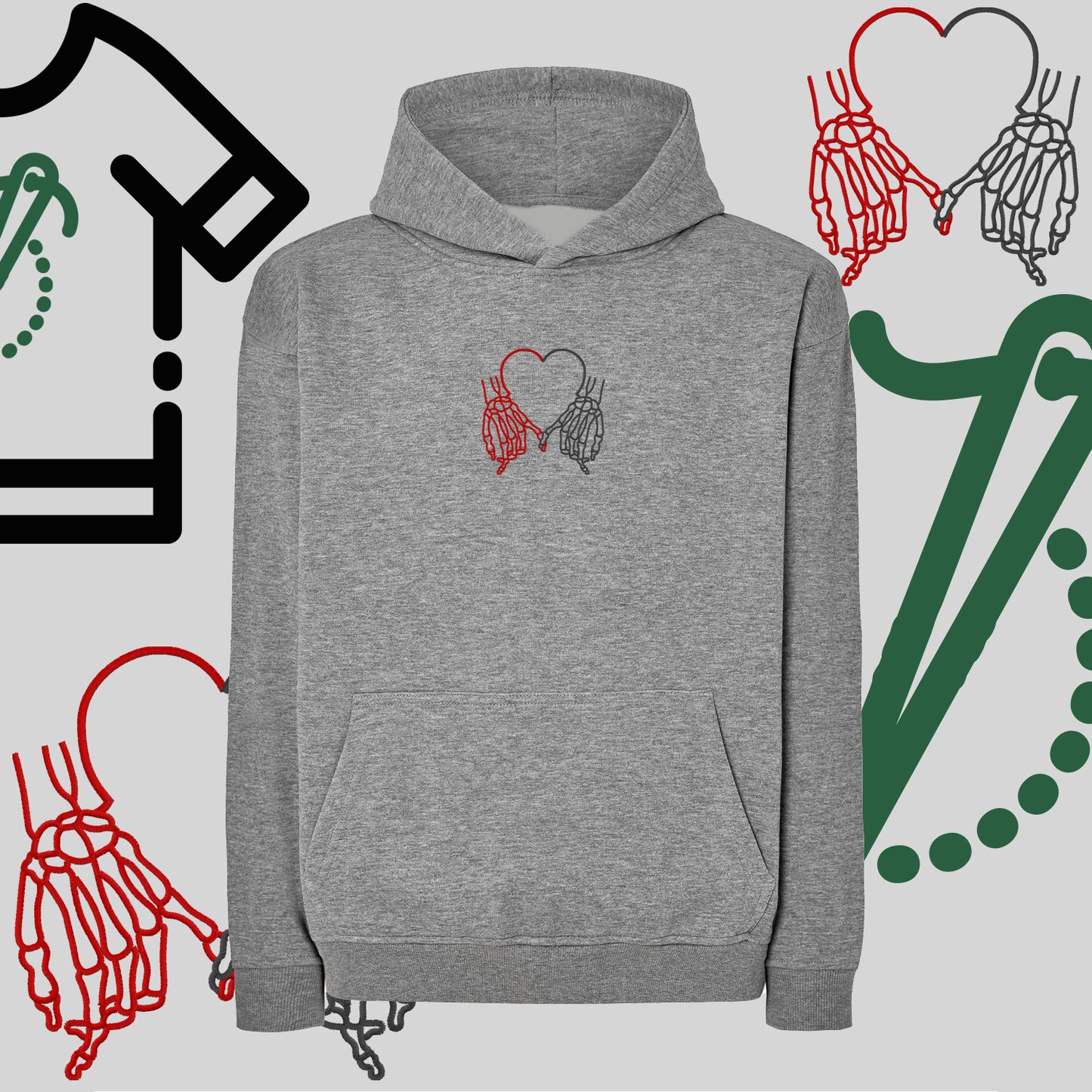 Bluza oversize z kapturem "Dłonie Szkieletów Tworzące Serce" – haft komputerowy, gotycki styl na co dzień