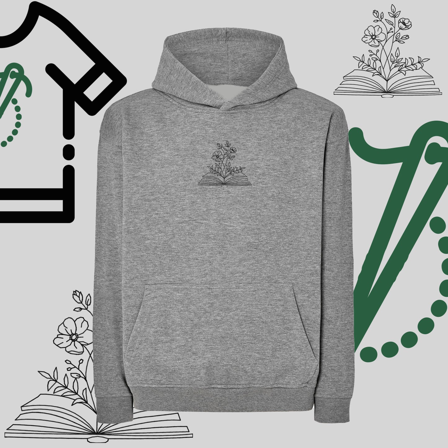 Bluza oversize z kapturem "Książka z kwiatami" – haft komputerowy, styl dla miłośników literatury i natury
