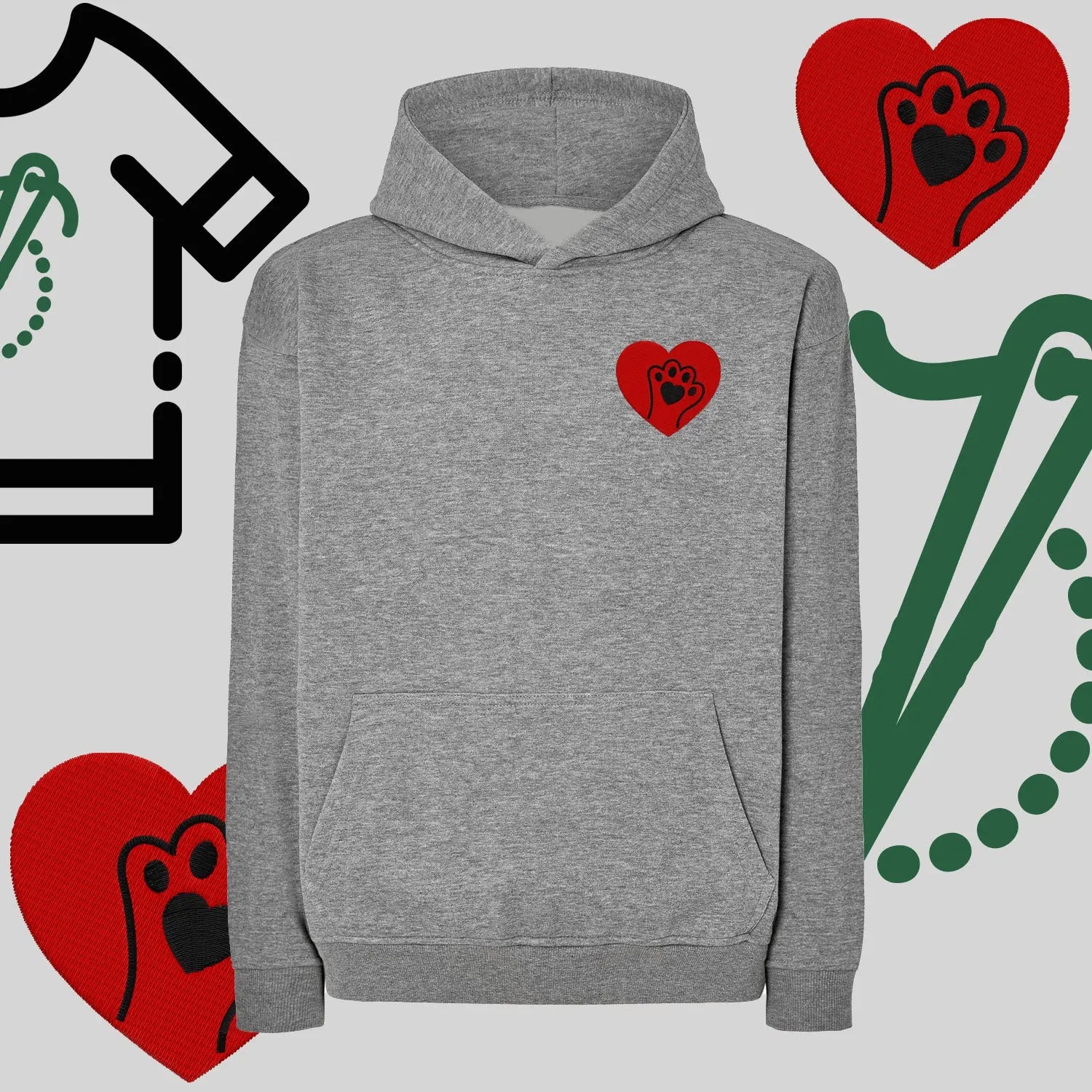 Bluza oversize z kapturem "Serce z łapką" – haft komputerowy, styl dla miłośników zwierząt Haft z radości