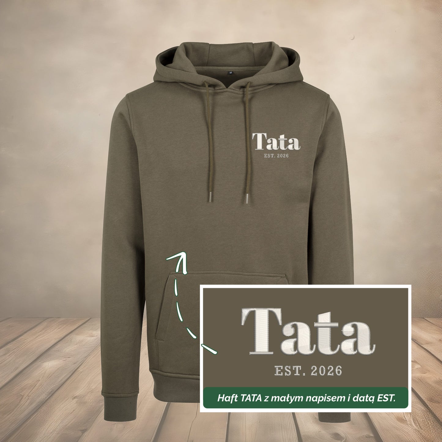 Bluza z haftem małego napisu TATA z datą narodzin – idealny prezent na Dzień Taty Haft z radości - nadruki i haft na odzieży Warszawa