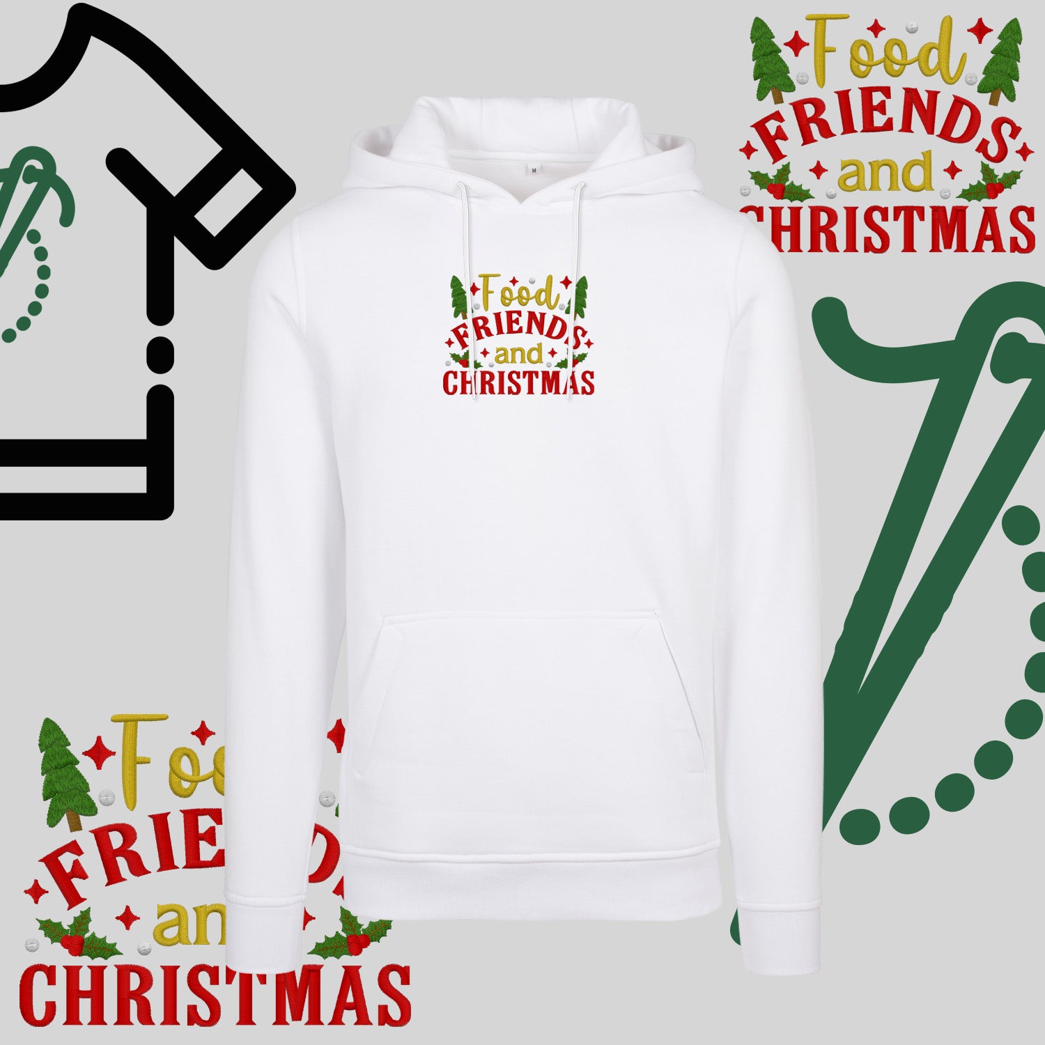 Bluza z kapturem "Food, Friends and Christmas" – haft komputerowy, styl z przesłaniem