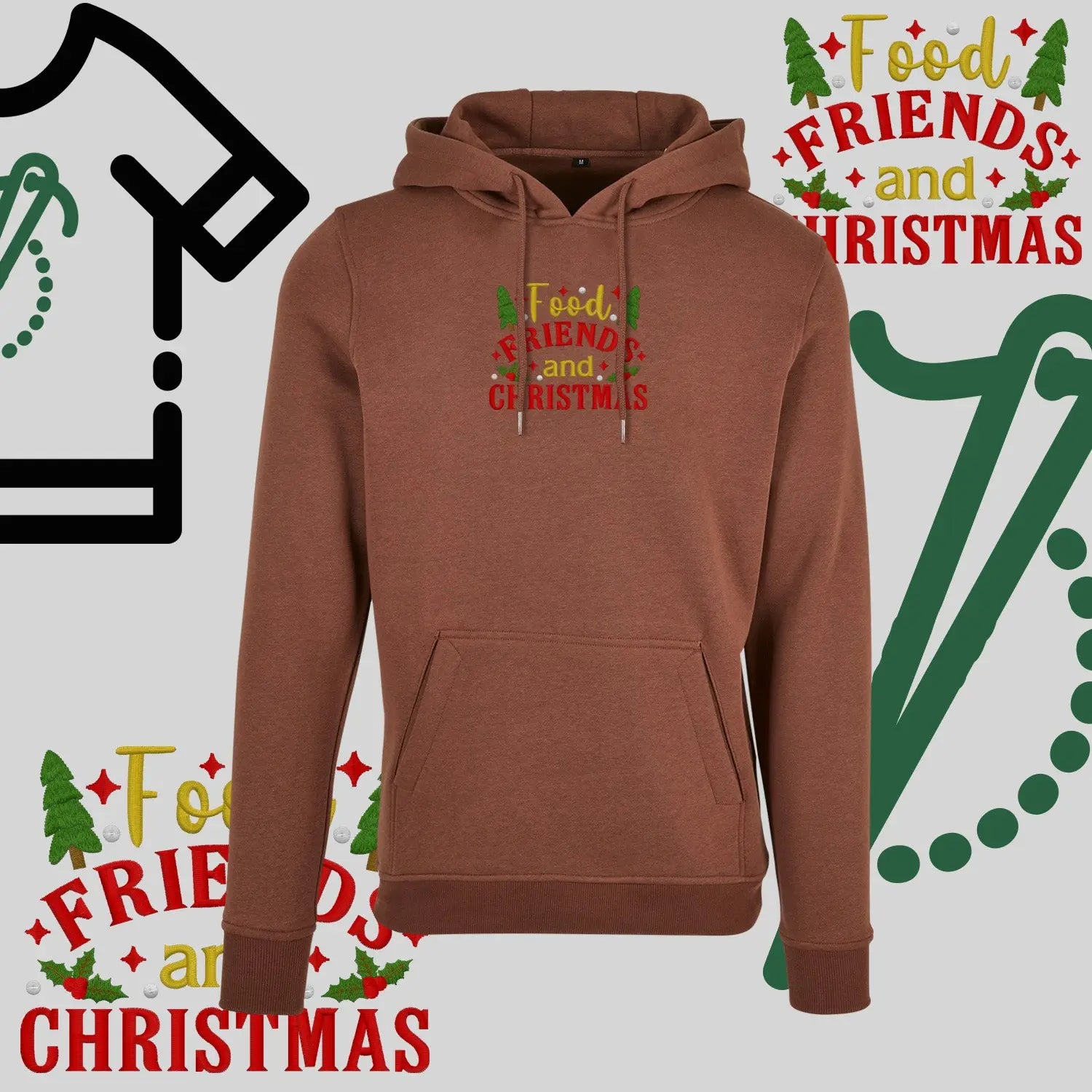 Bluza z kapturem "Food, Friends and Christmas" – haft komputerowy, styl z przesłaniem Haft z radości