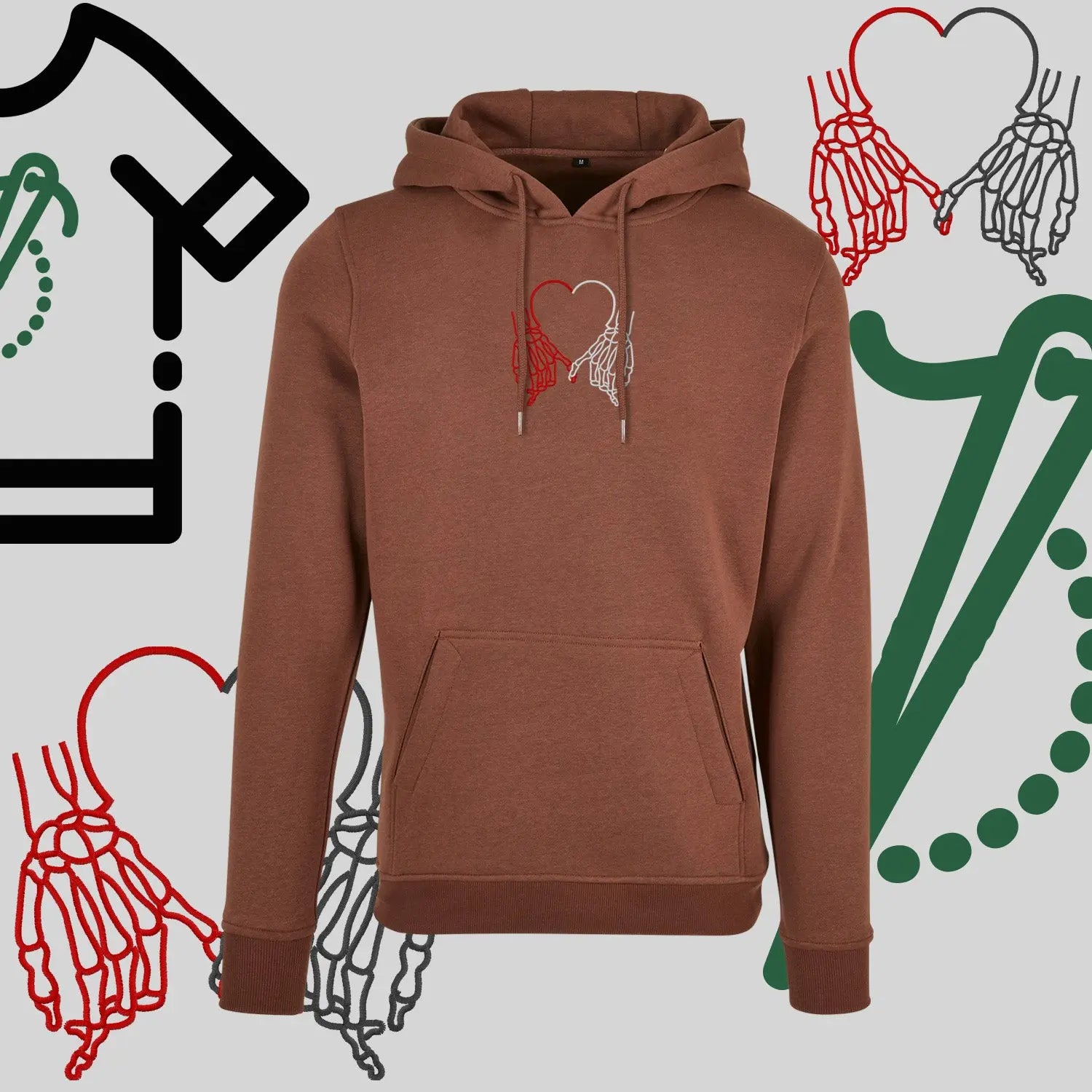 Bluza z kapturem "Dłonie Szkieletów Tworzące Serce" – haft komputerowy, gotycki styl na co dzień Haft z radości