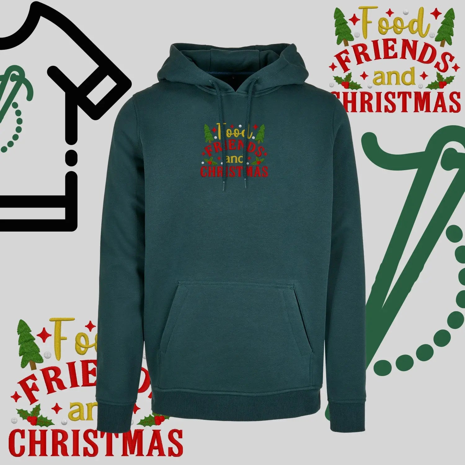 Bluza z kapturem "Food, Friends and Christmas" – haft komputerowy, styl z przesłaniem Haft z radości