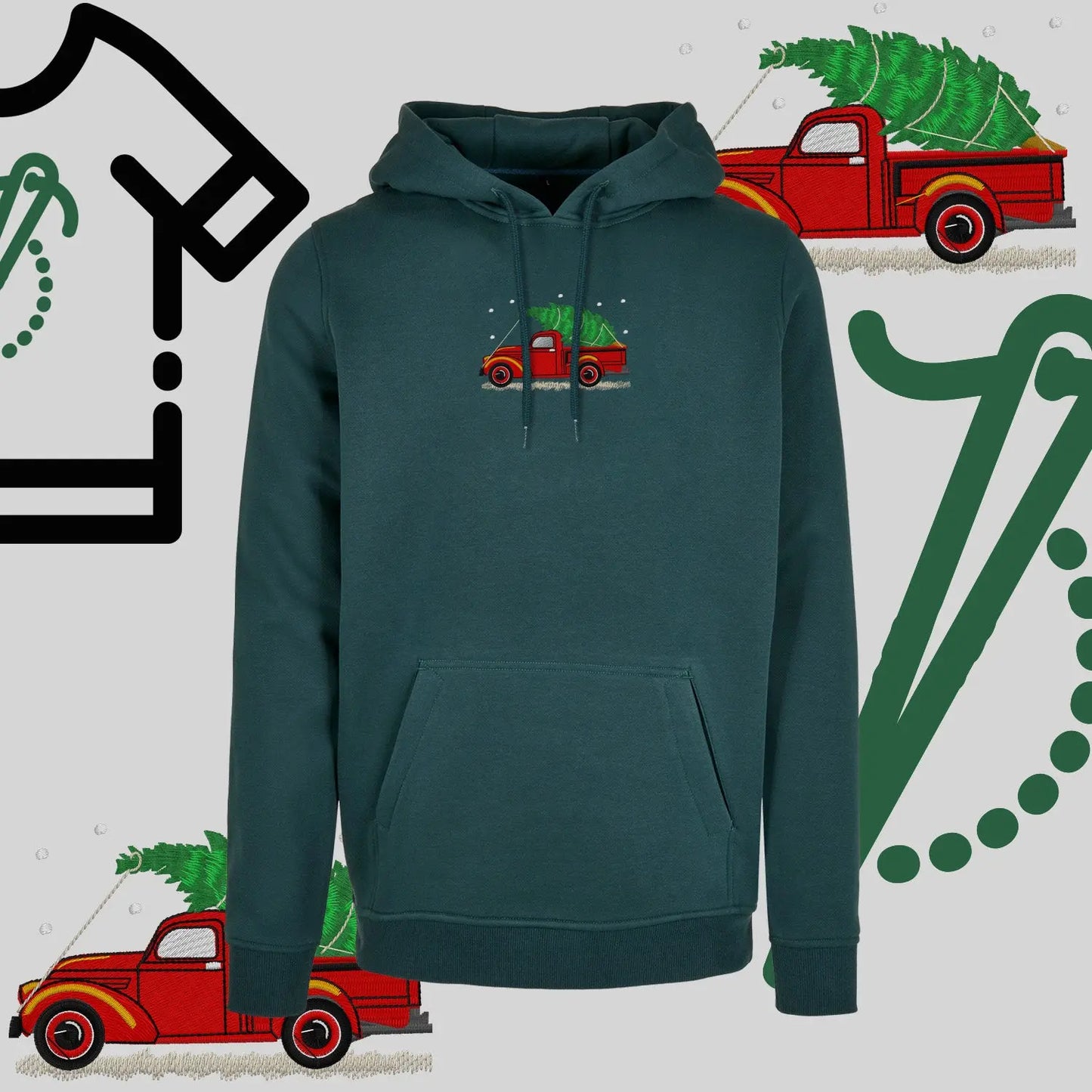Bluza z kapturem "Pickup z choinką" – haft komputerowy, styl z przesłaniem Haft z radości