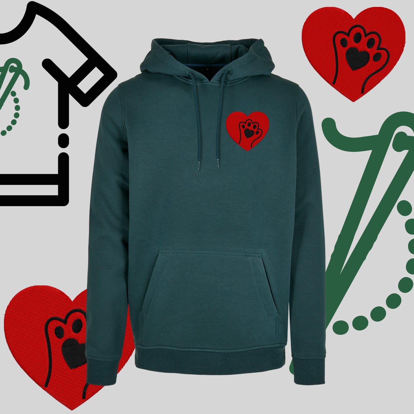 Bluza z kapturem "Serce z łapką" – haft komputerowy, styl dla miłośników zwierząt