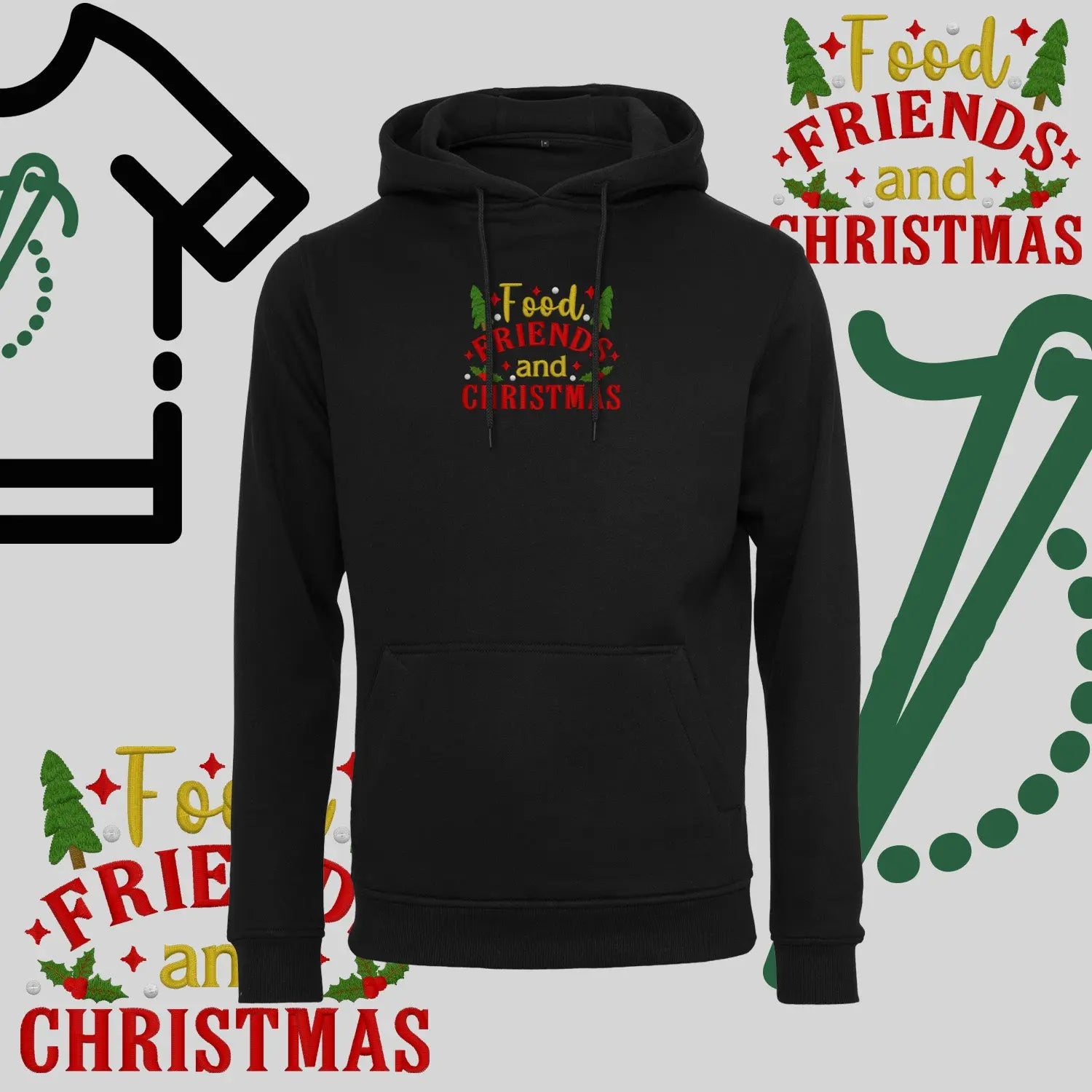 Bluza z kapturem "Food, Friends and Christmas" – haft komputerowy, styl z przesłaniem Haft z radości