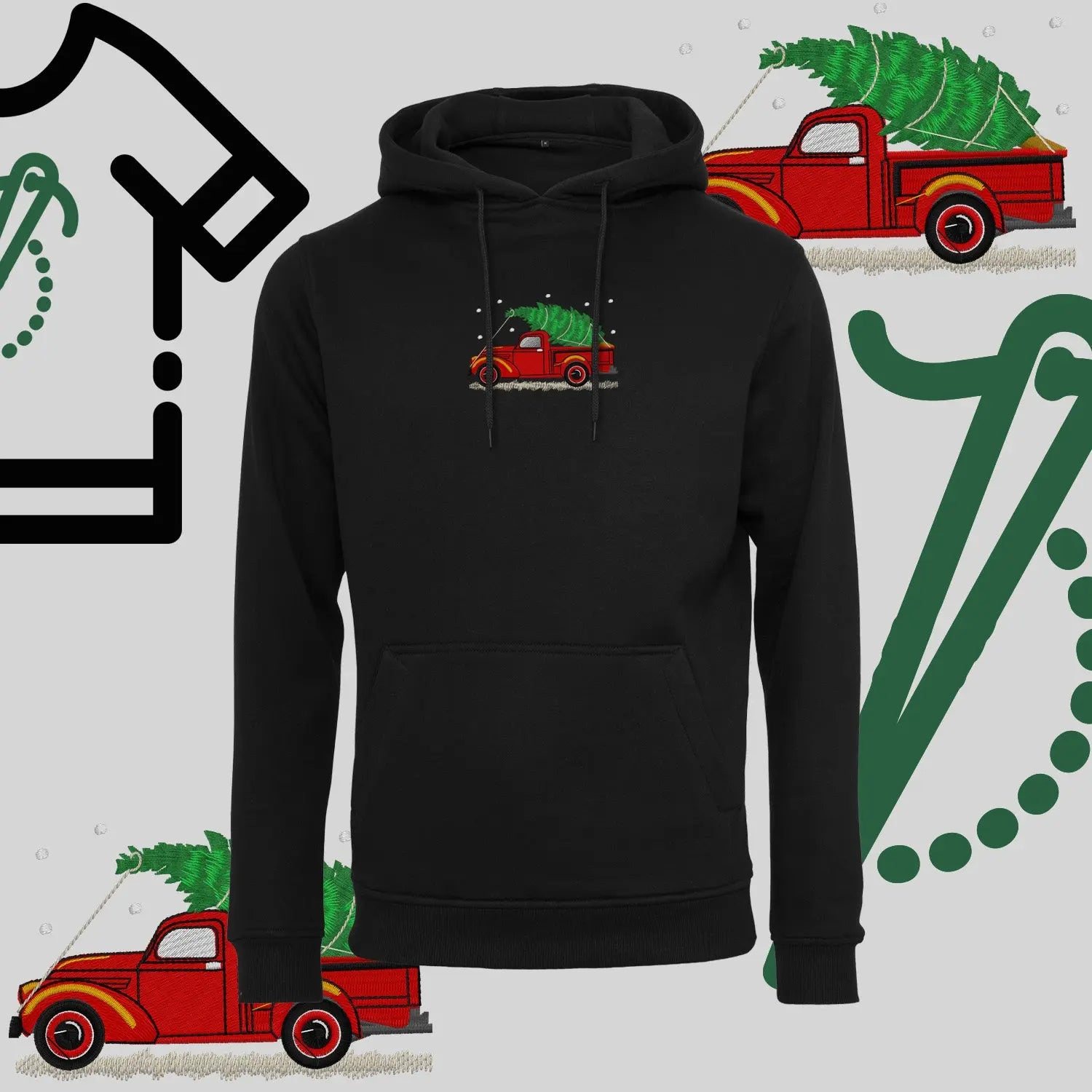Bluza z kapturem "Pickup z choinką" – haft komputerowy, styl z przesłaniem Haft z radości
