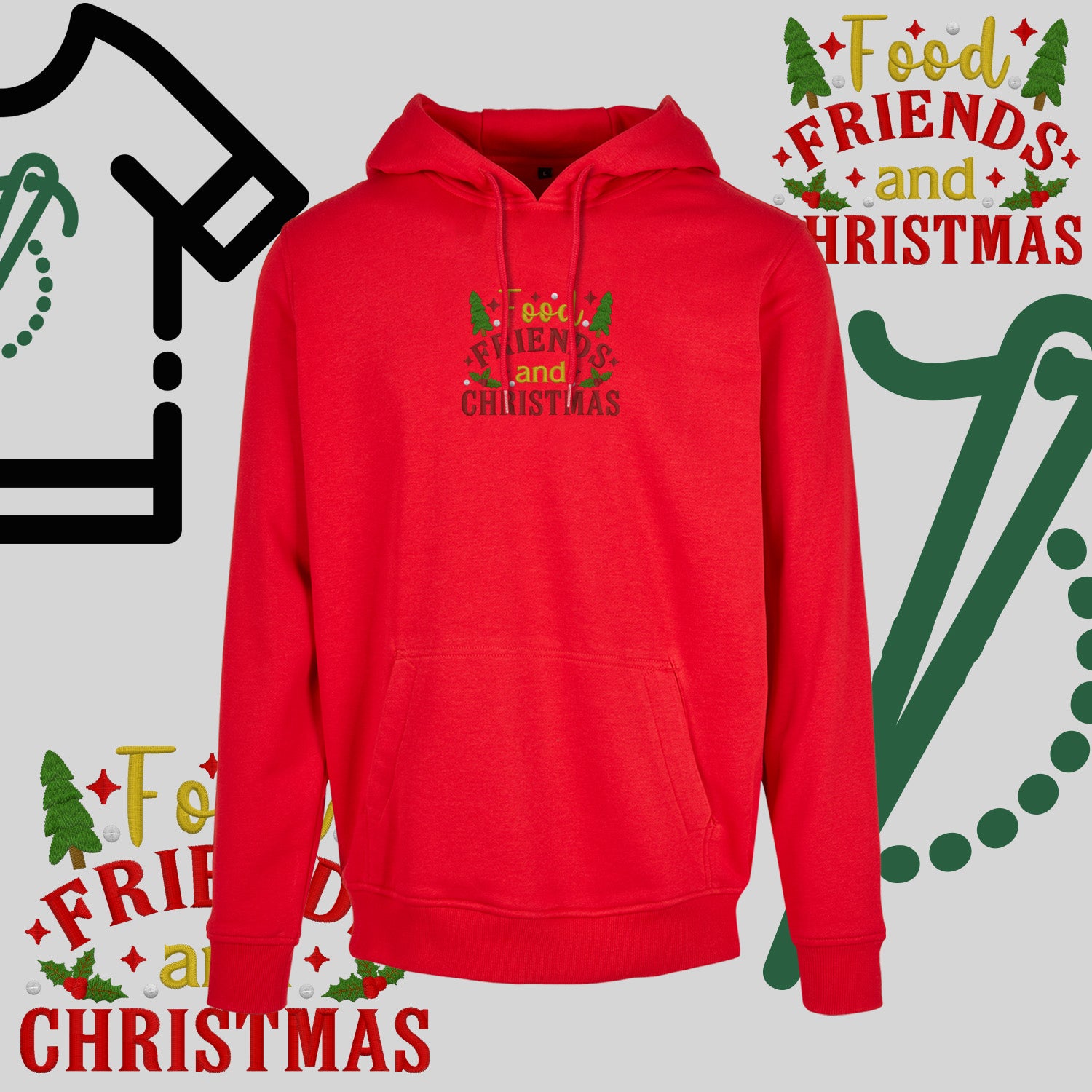 Bluza z kapturem "Food, Friends and Christmas" – haft komputerowy, styl z przesłaniem