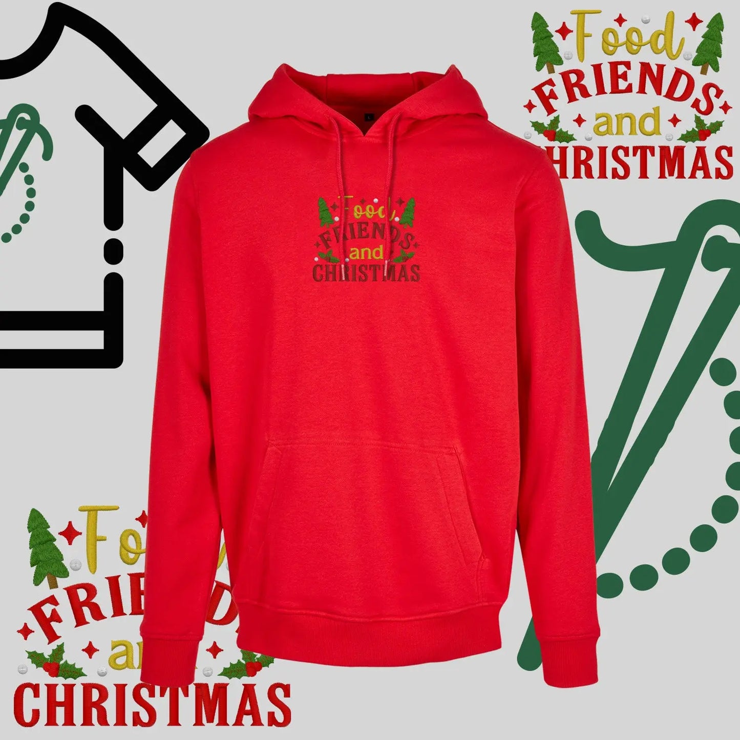 Bluza z kapturem "Food, Friends and Christmas" – haft komputerowy, styl z przesłaniem Haft z radości