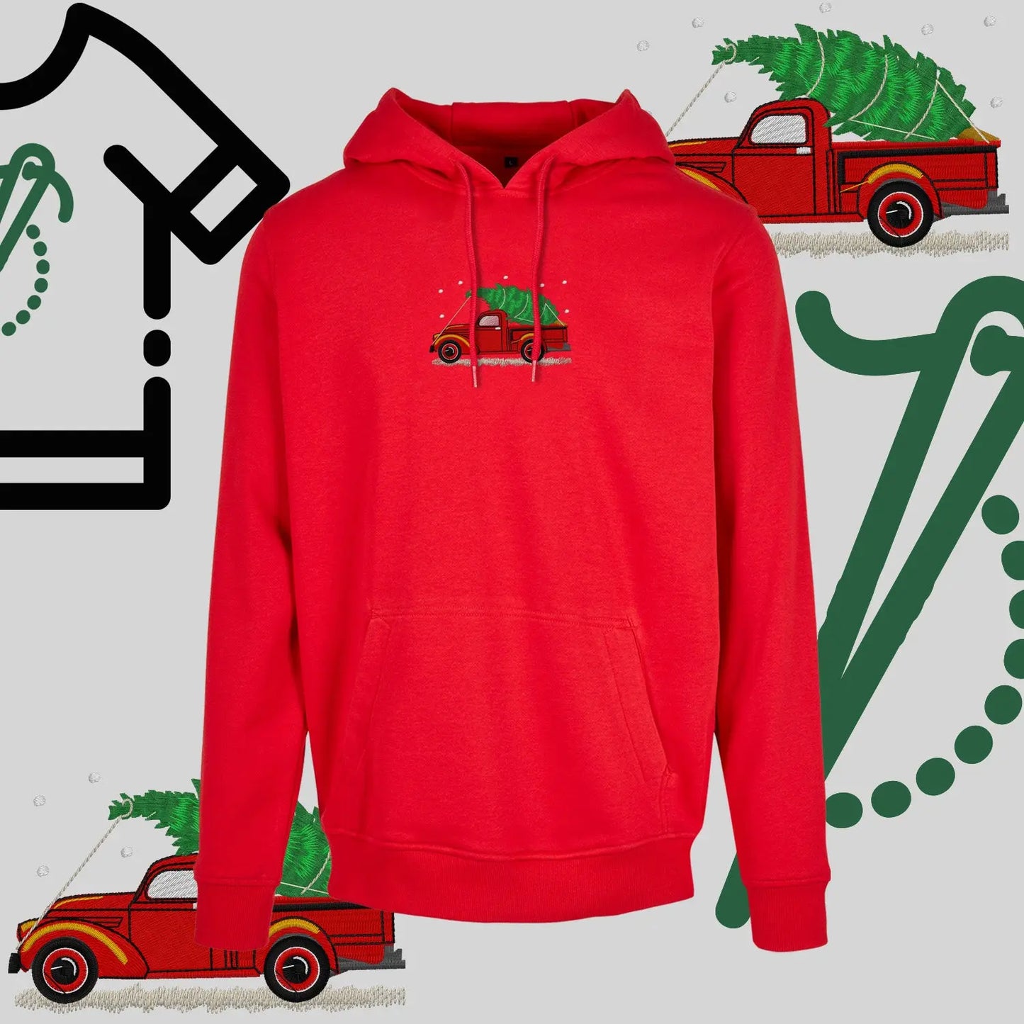 Bluza z kapturem "Pickup z choinką" – haft komputerowy, styl z przesłaniem Haft z radości